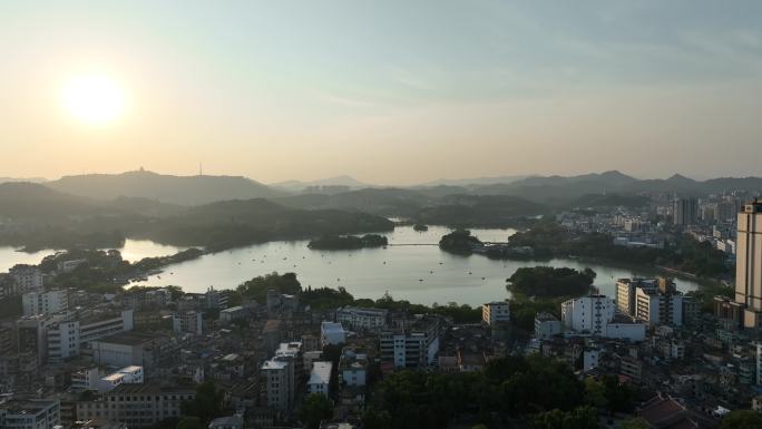 惠州西湖风景区航拍夕阳唯美日落湖泊风景