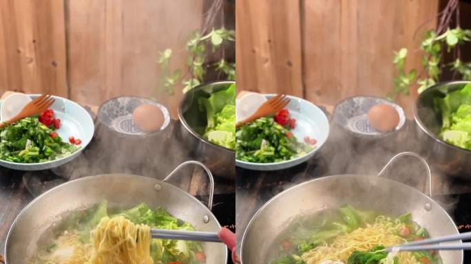 筷子搅拌锅中的方便面美食广告