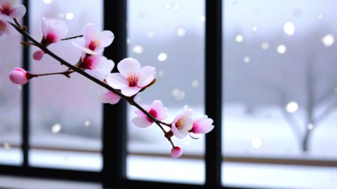 窗外雪景 下雪  空镜 雪中梅花盛开桃花