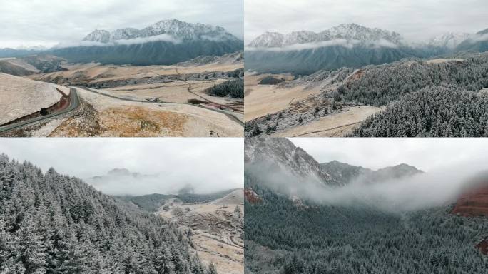 4K航拍甘肃张掖马蹄寺冬天雪山风光