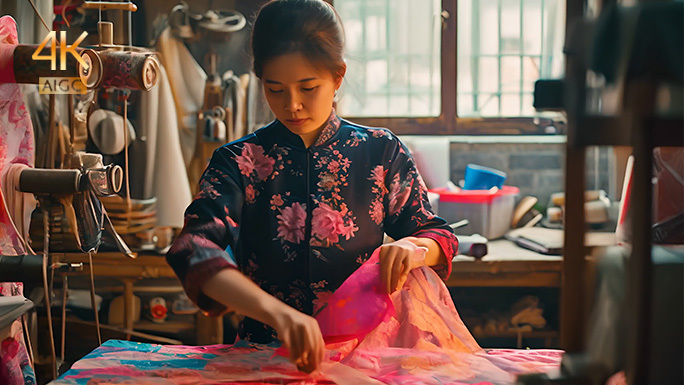 民间丝绸绣花手工艺 绸缎纺织品 高级布料