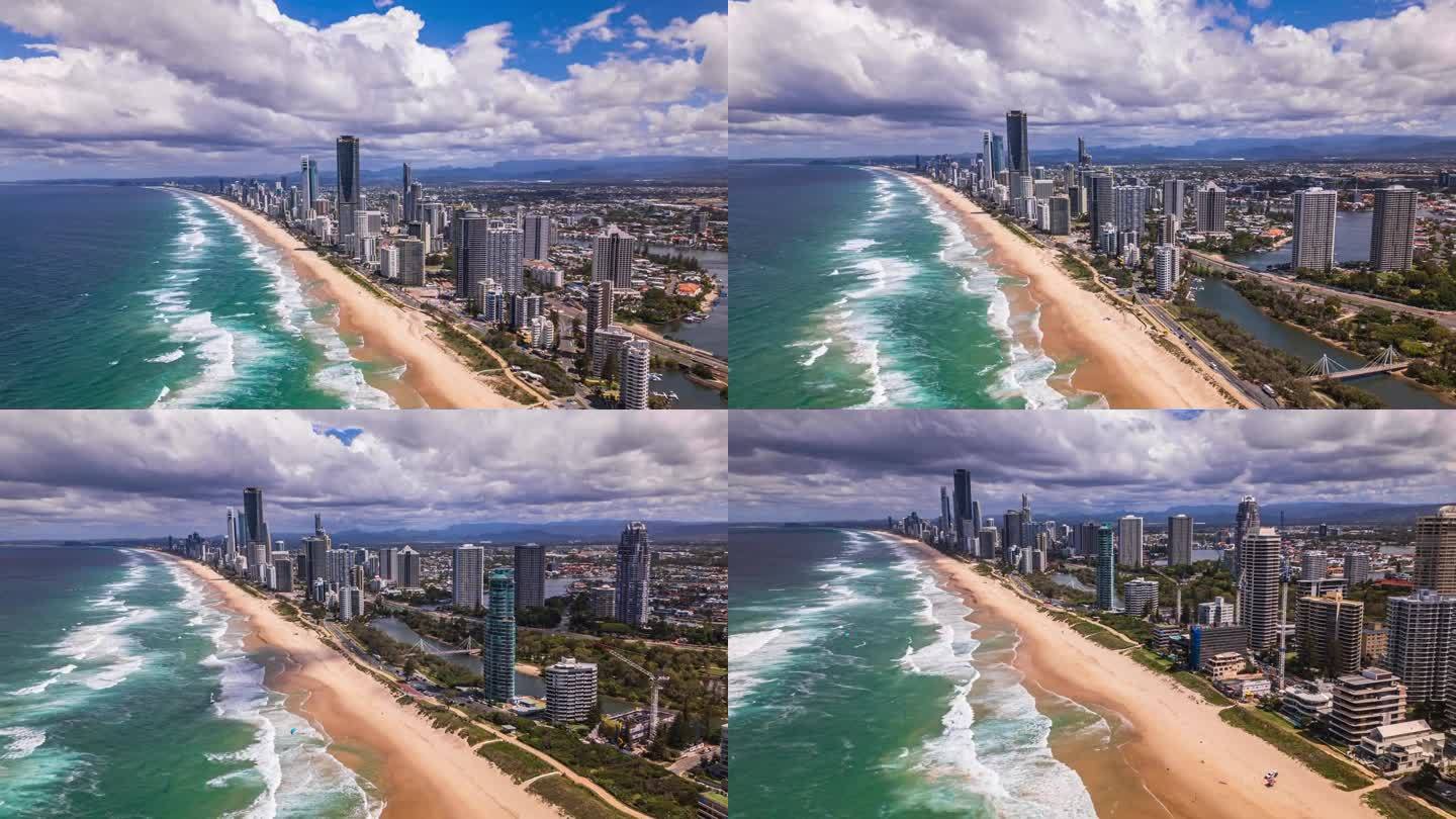 4K鸟瞰超延时镜头以上的主要海滩，宽海滩，冲浪者天堂天际线与豪华酒店和公寓海滩在黄金海岸，澳大利亚