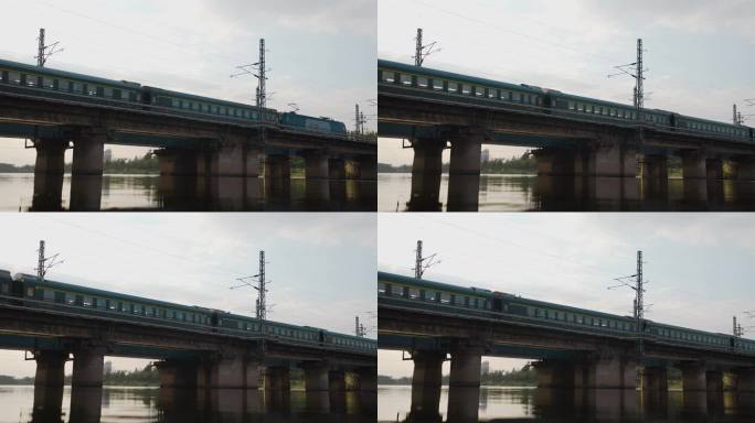 铁路绿皮火车过桥