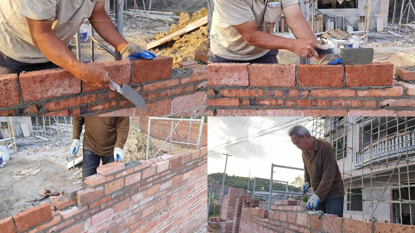建房子垒墙砖扶贫宅基地建房建筑工人砌砖墙