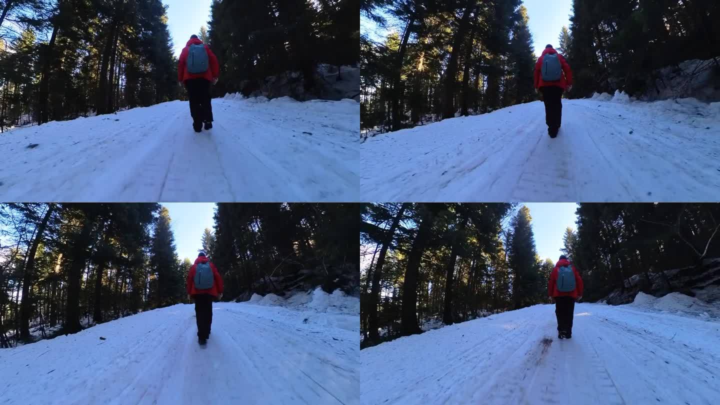 冬天，一个成年人走在雪山森林里。