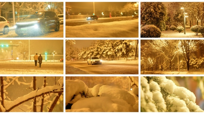 冬季城市下雪夜晚空镜