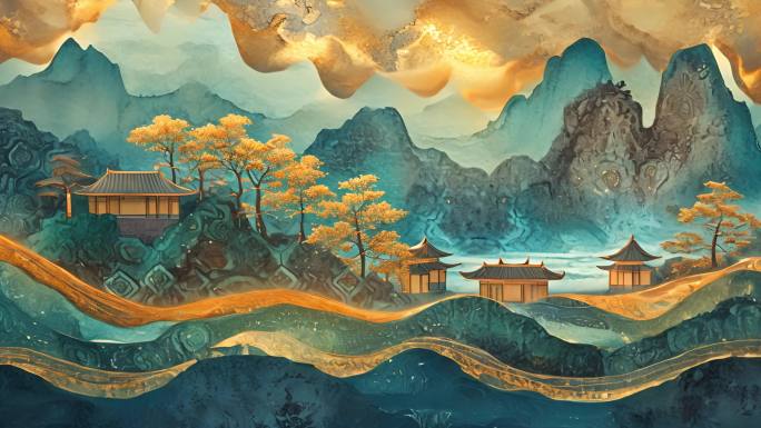 鎏金中国山水画古风背景