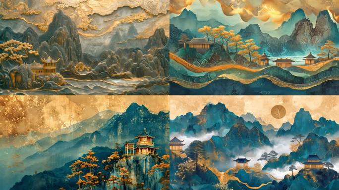 鎏金中国山水画古风背景