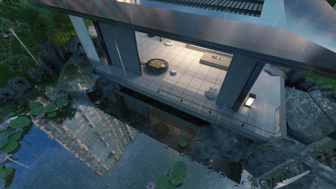新中式地产三维建筑动画朗庭雨景水系景观