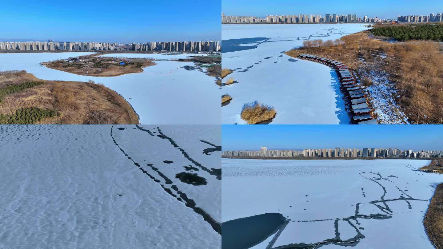 航拍山西太原晋阳湖大雪