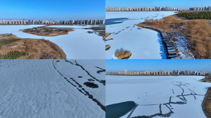 航拍山西太原晋阳湖大雪