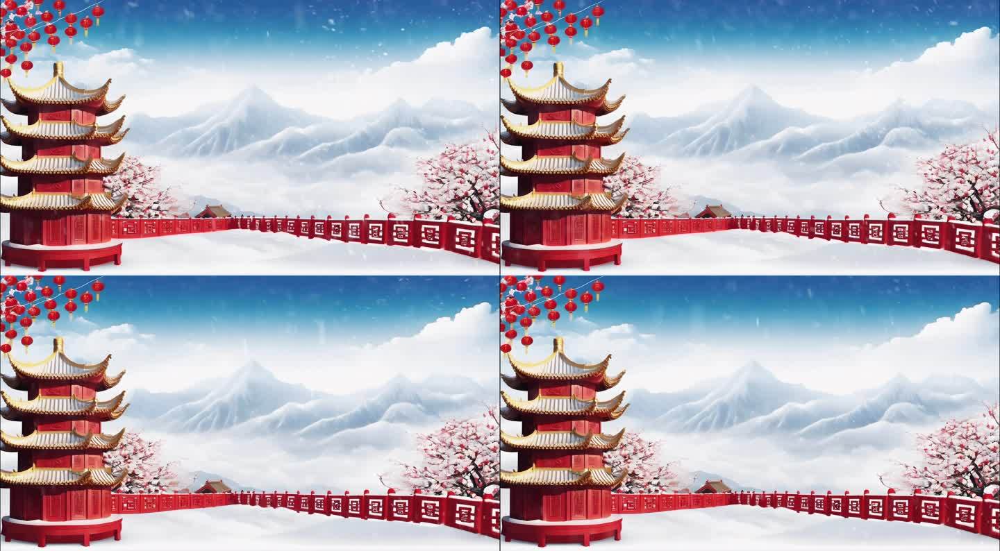 中式庭子下雪天气腊梅