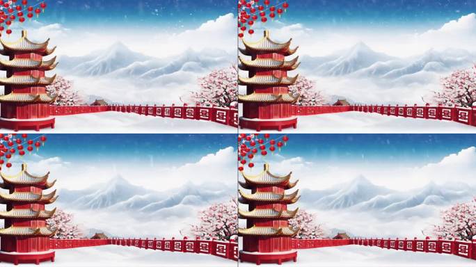 中式庭子下雪天气腊梅