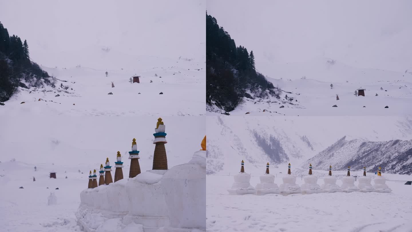 西藏雪景白塔藏教寺庙