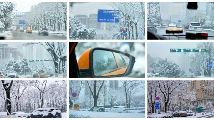 出租车窗外雪景城市大雪纷飞