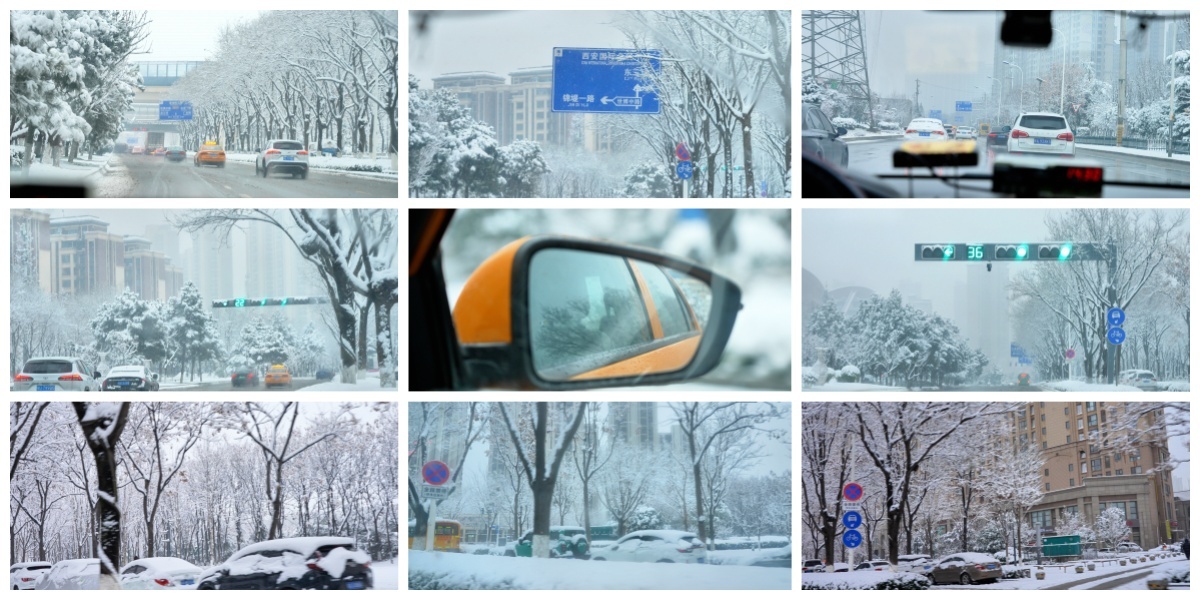出租车窗外雪景城市大雪纷飞