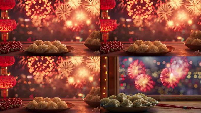 新年桌子上饺子窗外烟花