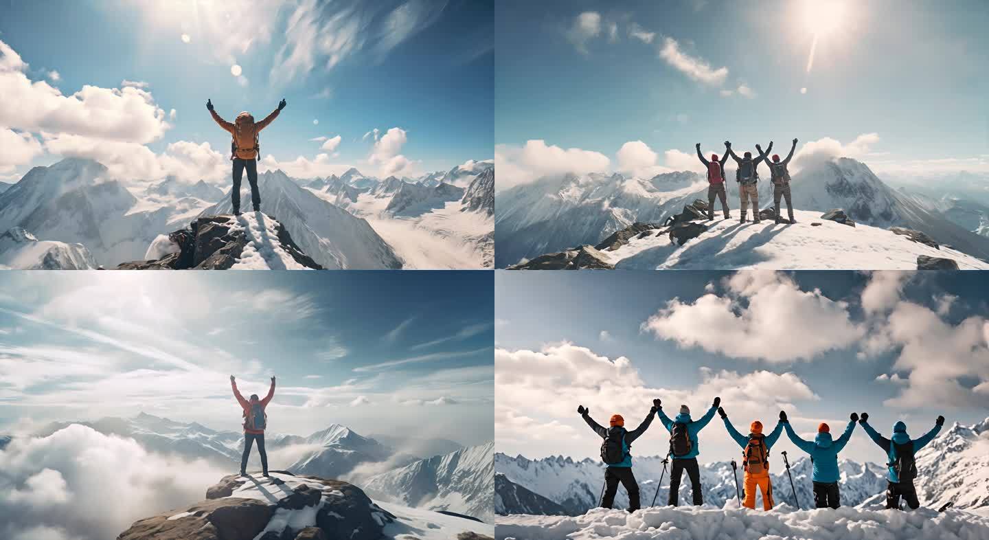 攀登雪山顶峰欢呼庆祝成功视频素材