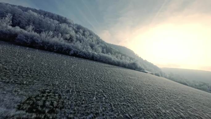 FPV白雪森林霜冻小镇雪乡雪村麦田日出