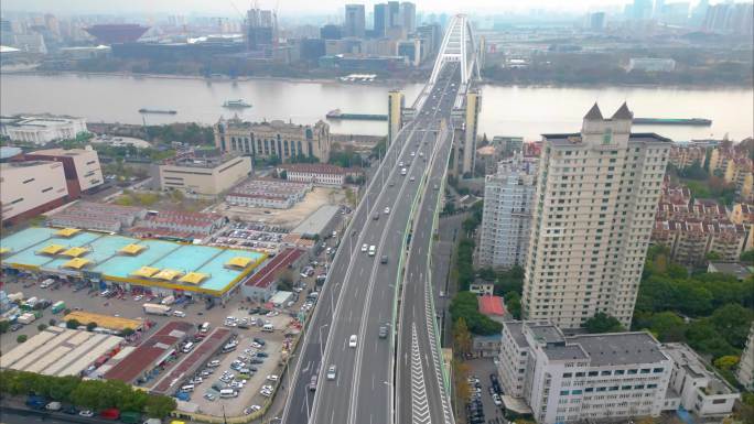 上海市黄浦江卢浦大桥车流船只延时风景视频