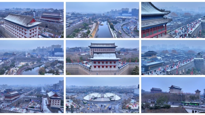 航拍西安地标南城门永宁门冬天雪景