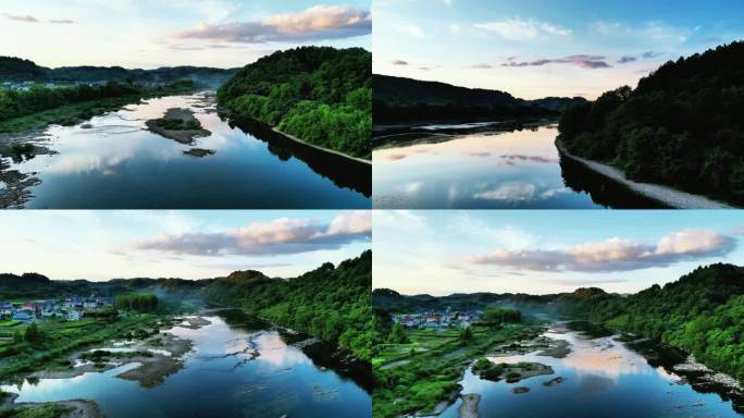 航拍湖光山色夕阳倒影晚霞乡村炊烟