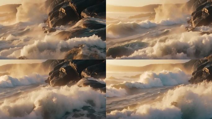 海浪拍打岩石海岸大海