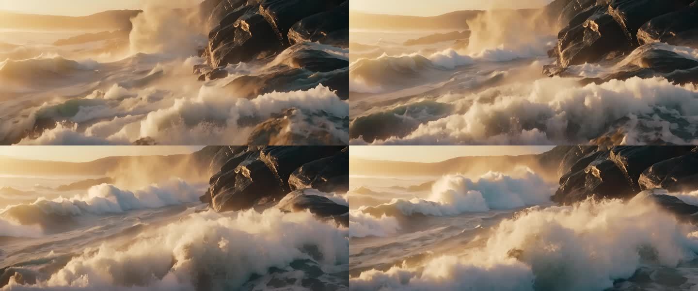 海浪拍打岩石海岸大海