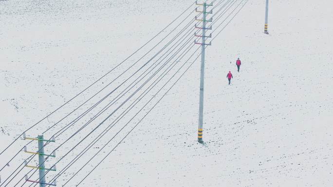 国网巡线 电力人员下雪天走在光伏基地