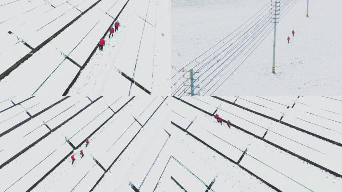 国网巡线 电力人员下雪天走在光伏基地