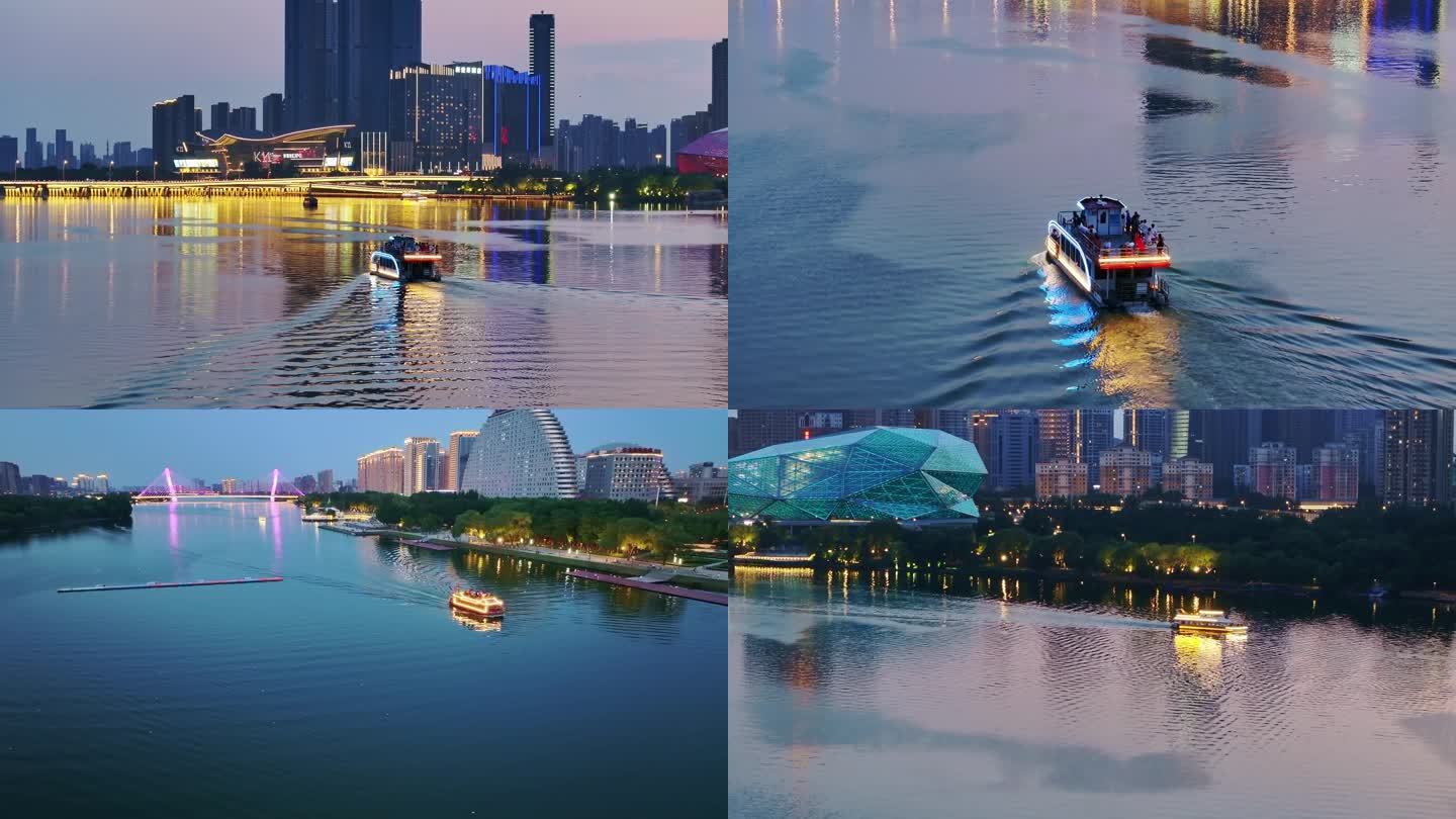 城市夜景游船航拍4K