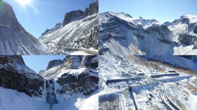 航拍冬季长白山瀑布雪山