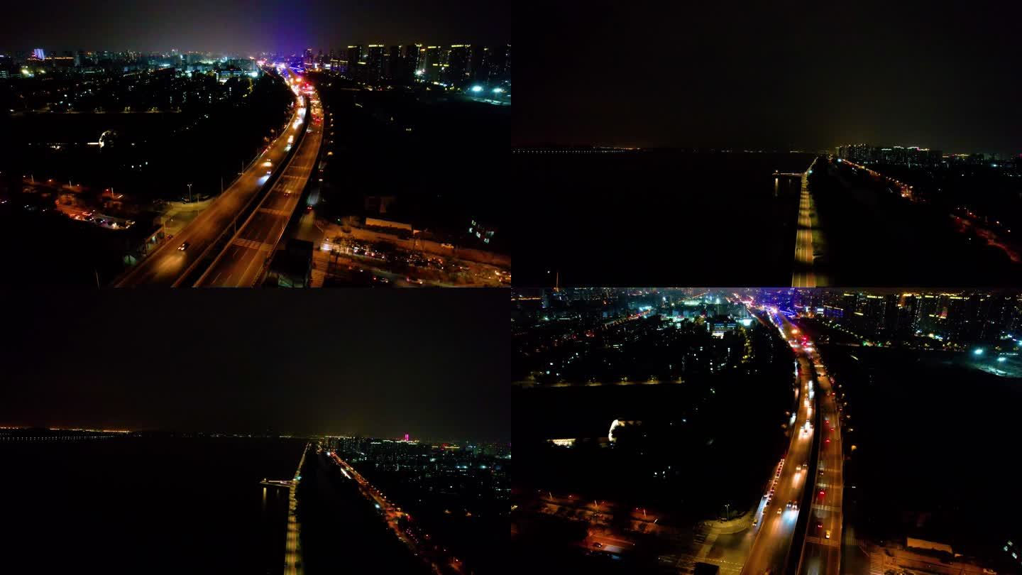 杭州钱塘江江边江东大桥夜景航拍