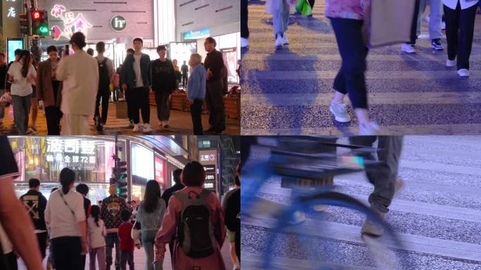 夜晚城市行人过马路人流脚步夜景人文视频素