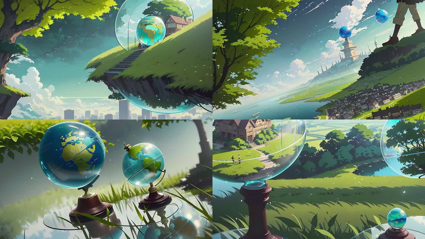 AI风景 水晶球 绿色环保 奇幻背景