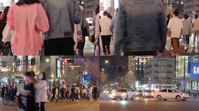 夜晚城市行人过马路人流脚步夜景人文素材