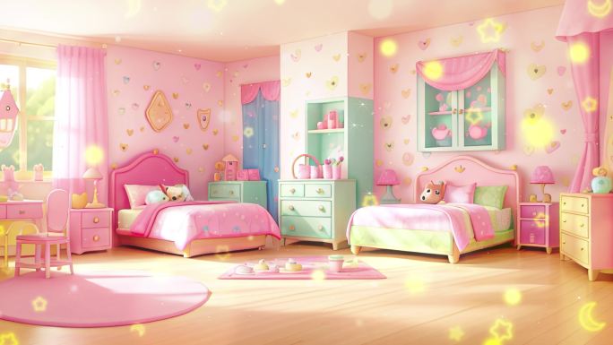 4K卡通动漫唯美粉红色儿童童话房间背景