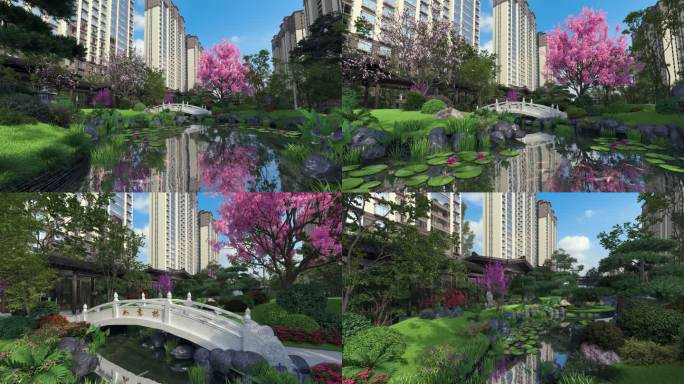 新中式地产三维建筑动画廊桥水系景观