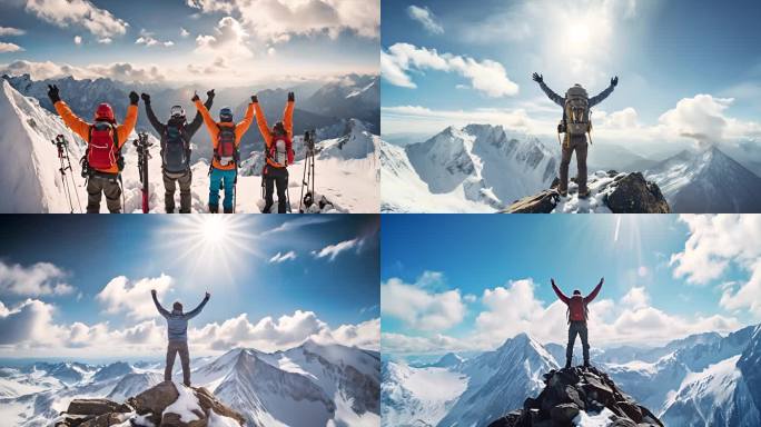 攀登雪山登顶雪峰山顶庆祝欢呼成功视频素材