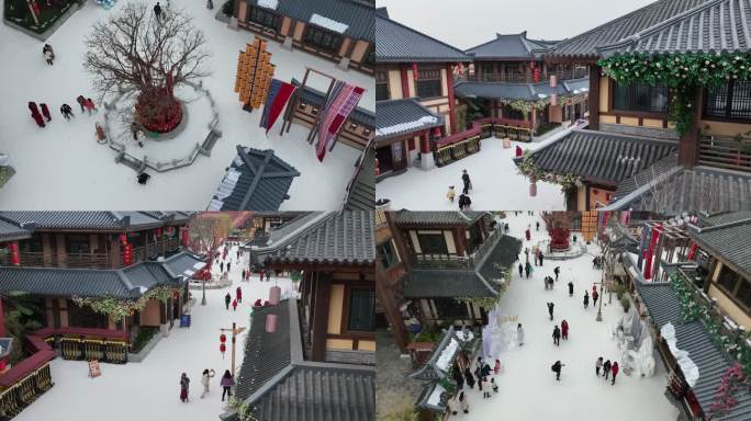 荆州方特飘雪迎新夜冰天雪地人造雪场景航拍