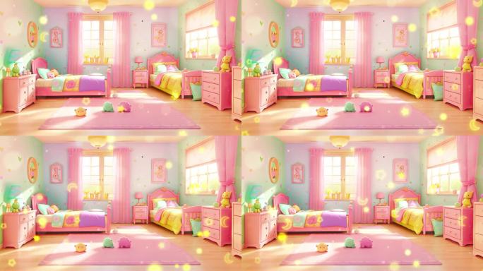 4K卡通动漫唯美粉红色童话儿童房间背景