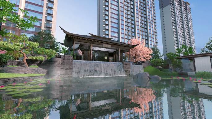 新中式地产三维建筑动画朗庭水系景观
