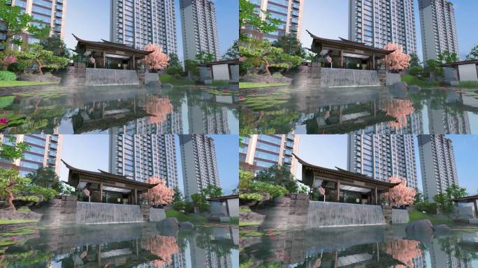 新中式地产三维建筑动画朗庭水系景观