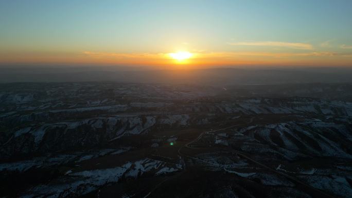 黄土地 航拍 夕阳落日 农村沟壑