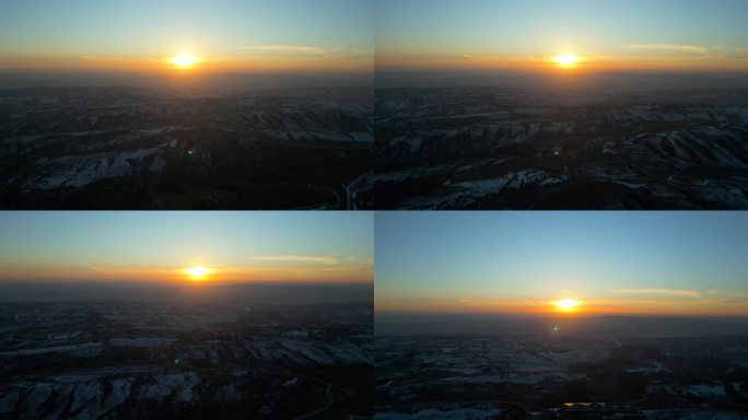 黄土地 航拍 夕阳落日 农村沟壑