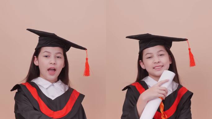 垂直夹。一个穿着毕业礼服的女学生在棕色背景上做着快乐的手势和表情。
