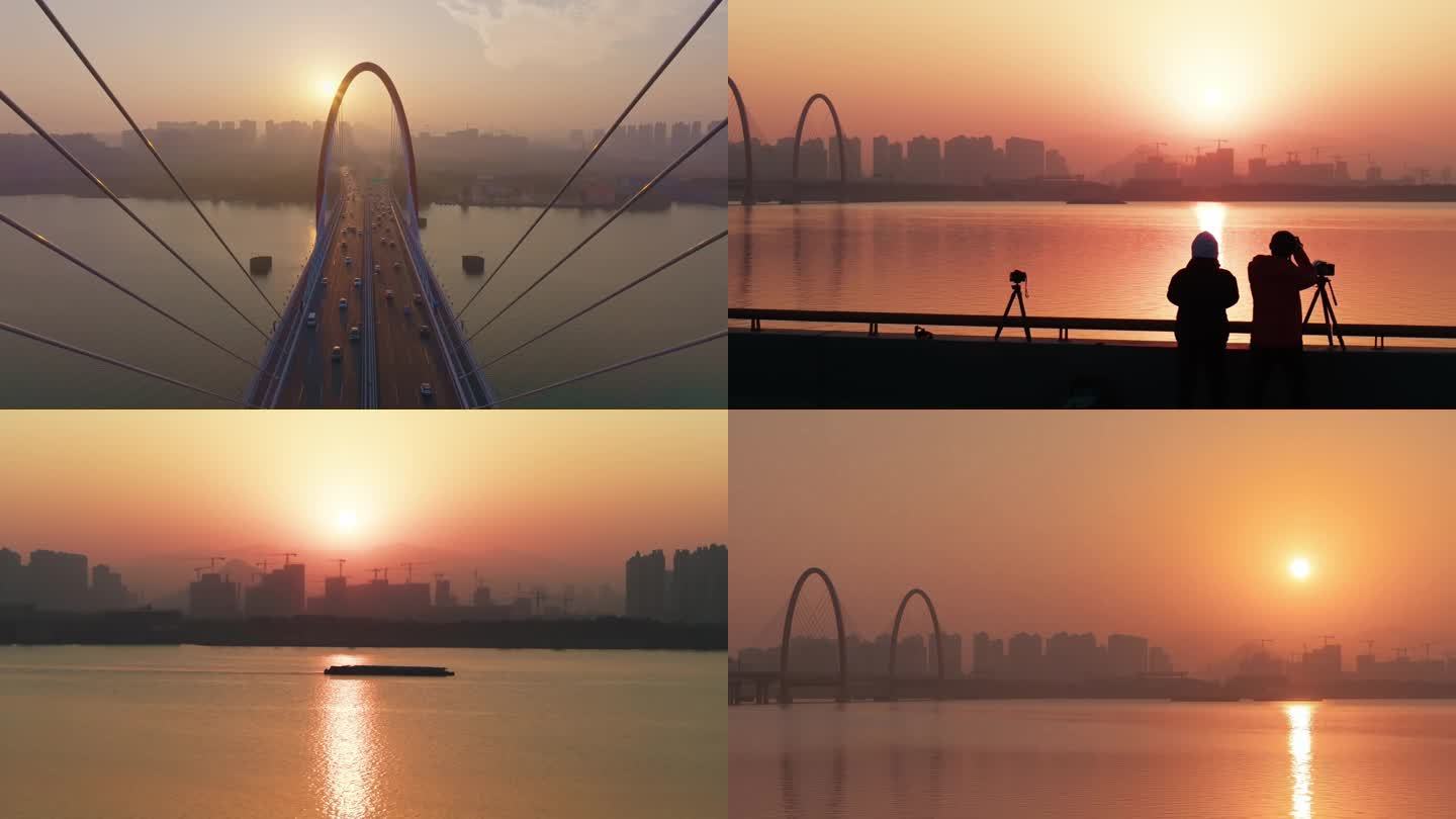 之江大桥日落航拍素材