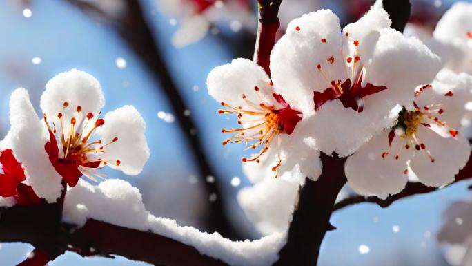雪景 下雪 暴雪 空镜 雪中梅花盛开桃花