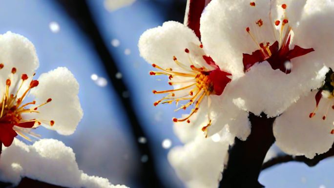 雪景 下雪 暴雪 空镜 雪中梅花盛开桃花