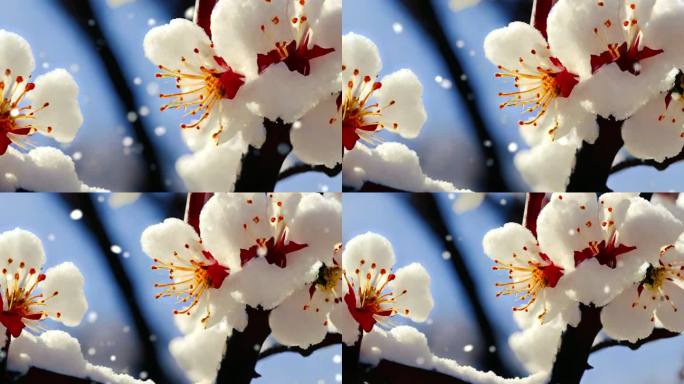 雪景 下雪 暴雪 空镜 雪中梅花盛开桃花